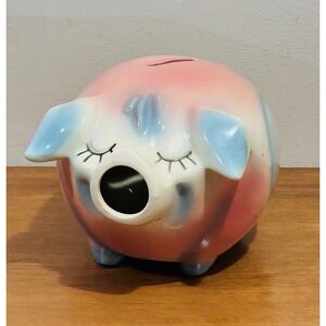 Vintage Antique 1957 Hull Pottery‎ Pink And Blue Corky Piggy Bank Pig
